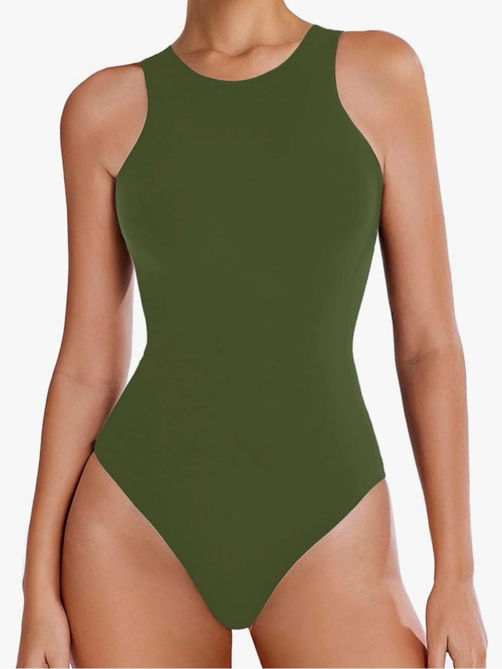 High Crew Neck Olive Green double Lined tank top Bodysuit snap closure work1220
